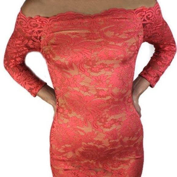 Coral Lace Overlay Dress 3/4 Sleeve Size Small - Picture 1 of 9